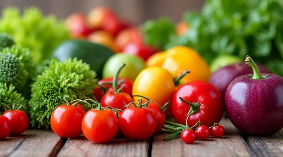 A close-up of colorful fresh vegetables and fruits artfully arranged on a wooden table, representing healthy food choices and a balanced diet.