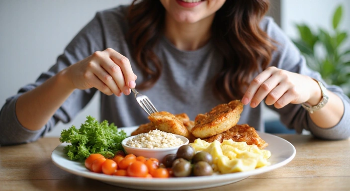 A person happily eating a balanced meal, featuring lean protein, whole grains, and a variety of colorful vegetables, emphasizing mindful eating and portion control.