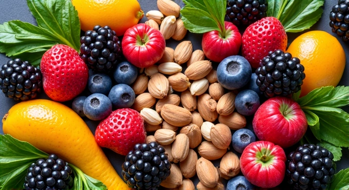 A vibrant display of various superfoods like berries, nuts, leafy greens, and exotic fruits, arranged aesthetically to convey health and vitality.