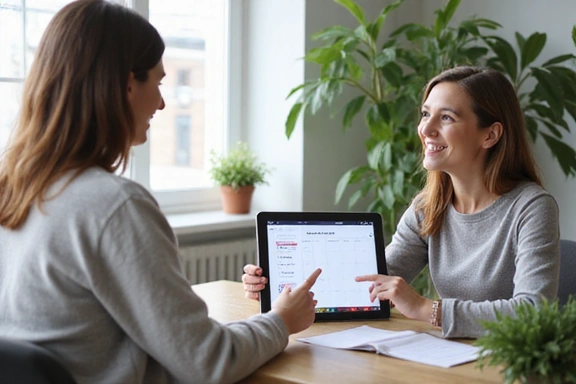 A nutritionist consulting with a client, showing a personalized meal plan on a tablet.