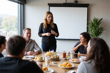 A diverse group of people learning in a workshop setting, symbolizing corporate wellness.