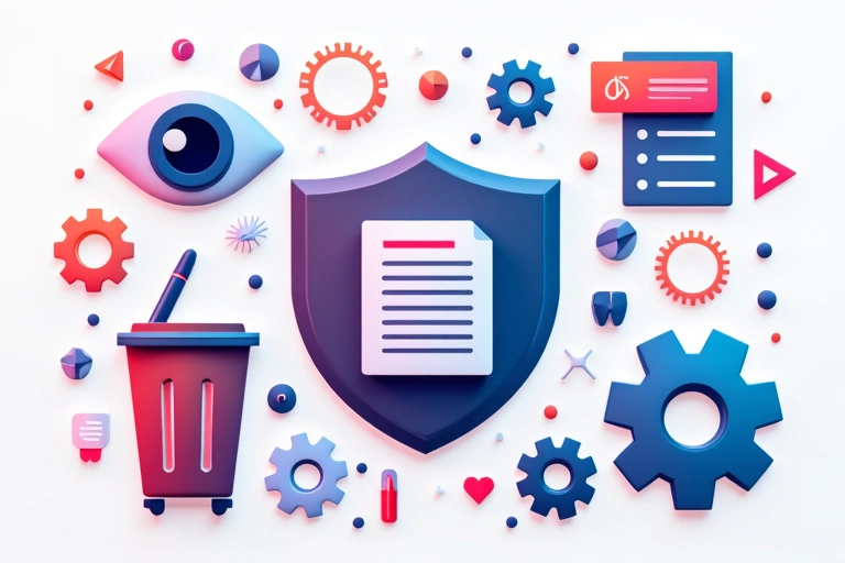Abstract illustration of data privacy rights, represented by icons of control, access, and security