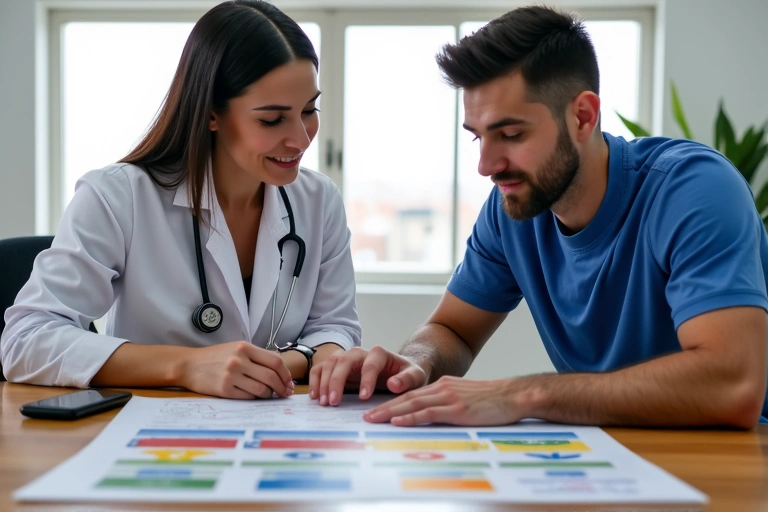 Sports nutritionist consulting with an athlete over a detailed meal plan