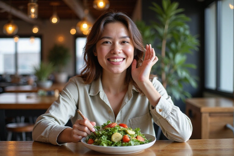 A person happily eating a healthy salad