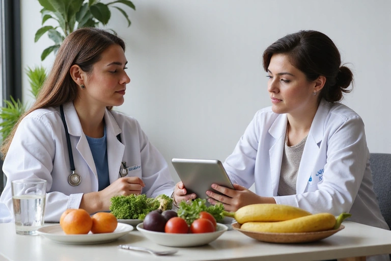 Nutritionist consulting with a client, showing healthy food options